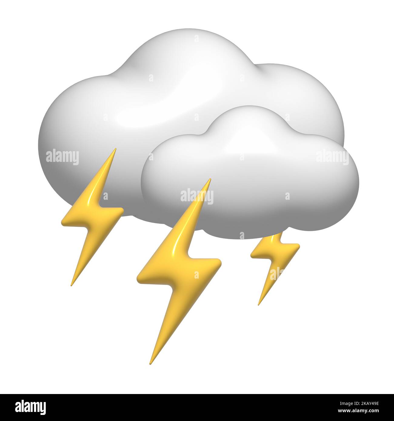 3D Gewitter mit Blitz, weißes Wolkensymbol. 3D Sturmwetterelement isoliert auf weißem Hintergrund. Klima-Konzept - weiche Baumwolle Cartoon Flusen Stockfoto