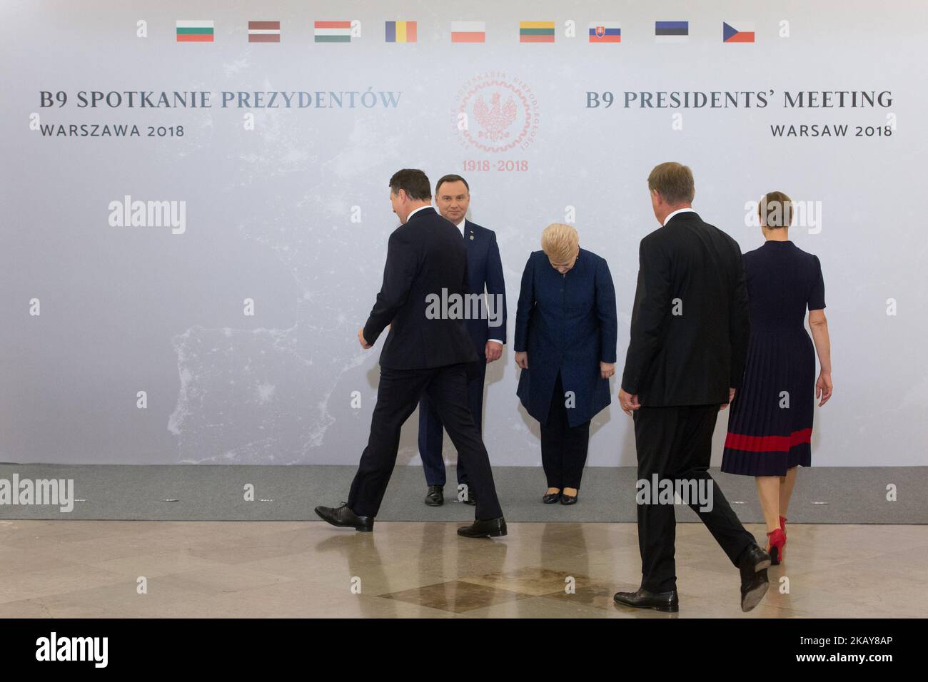 Der bulgarische Präsident Rumen Radew, der lettische Präsident Raimonds Vejonis, der ungarische Präsident Janos Ader, der rumänische Präsident Klaus Iohannis, der polnische Präsident Andrzej Duda, die litauische Präsidentin Dalia Grybauskaite, der slowakische Präsident Andrej Kiska, Der Präsident Estlands, Kersti Kaljulaid, und der tschechische Sprecher der Abgeordnetenkammer, Radek Vondracek, posieren für ein Familienfoto vor dem Treffen von Bukarest neun im Präsidentenpalast in Warschau, Polen am 8. Juni 2018. Staatsoberhäupter von Bukarest neun Länder, die Länder der östlichen Flanke der NATO ( Polen, Rumänien, Estland, Litauen, Lettland, Slova Stockfoto