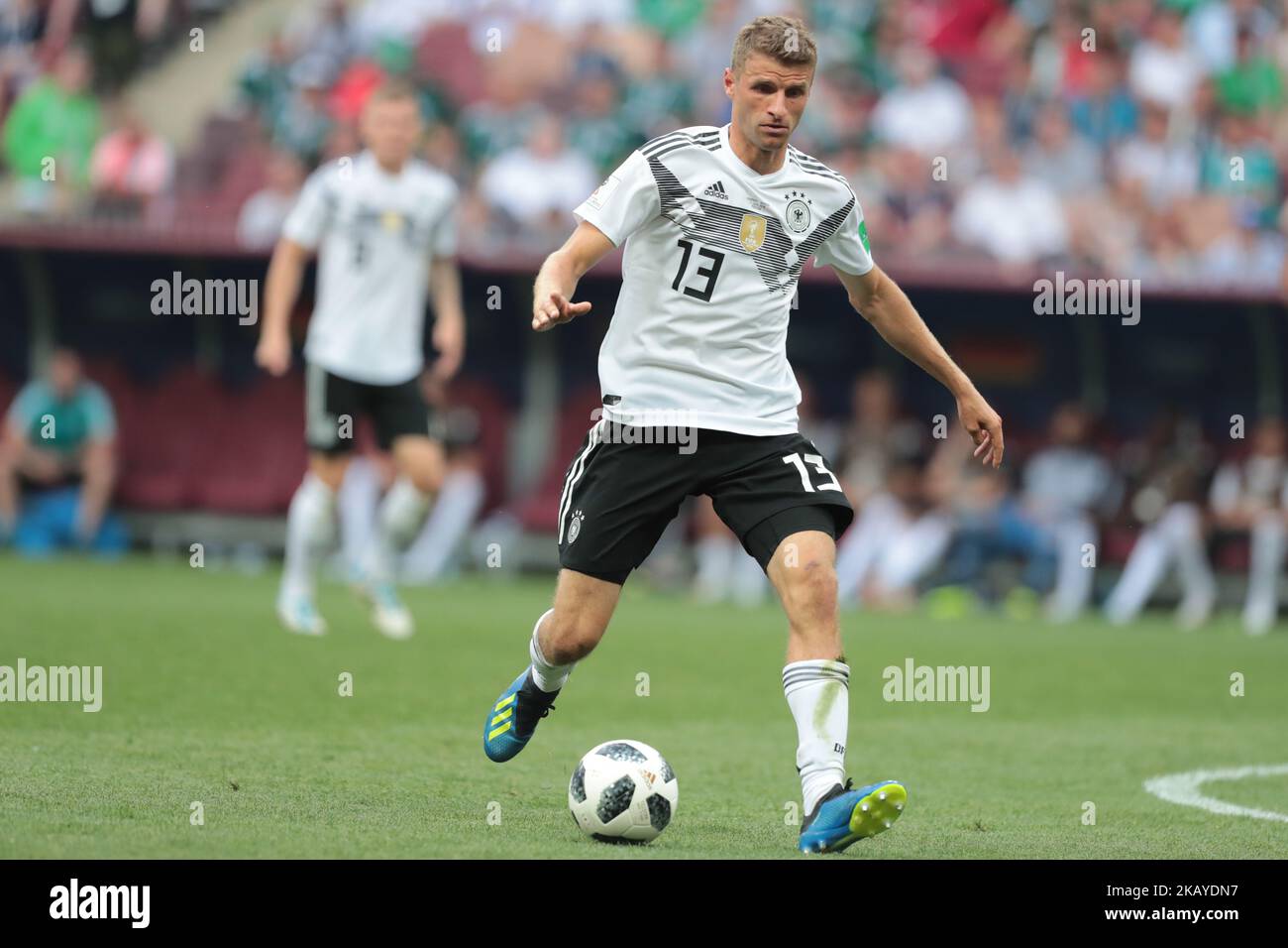 Mittelfeldspieler Thomas Müller von der deutschen Nationalmannschaft beim Spiel der Gruppe F zwischen Deutschland und Mexiko bei der Fußball-Weltmeisterschaft 2018 im Luzhniki-Stadion in Moskau, Russland, Sonntag, 17. Juni 2018. (Foto von Anatolij Medved/NurPhoto) Stockfoto