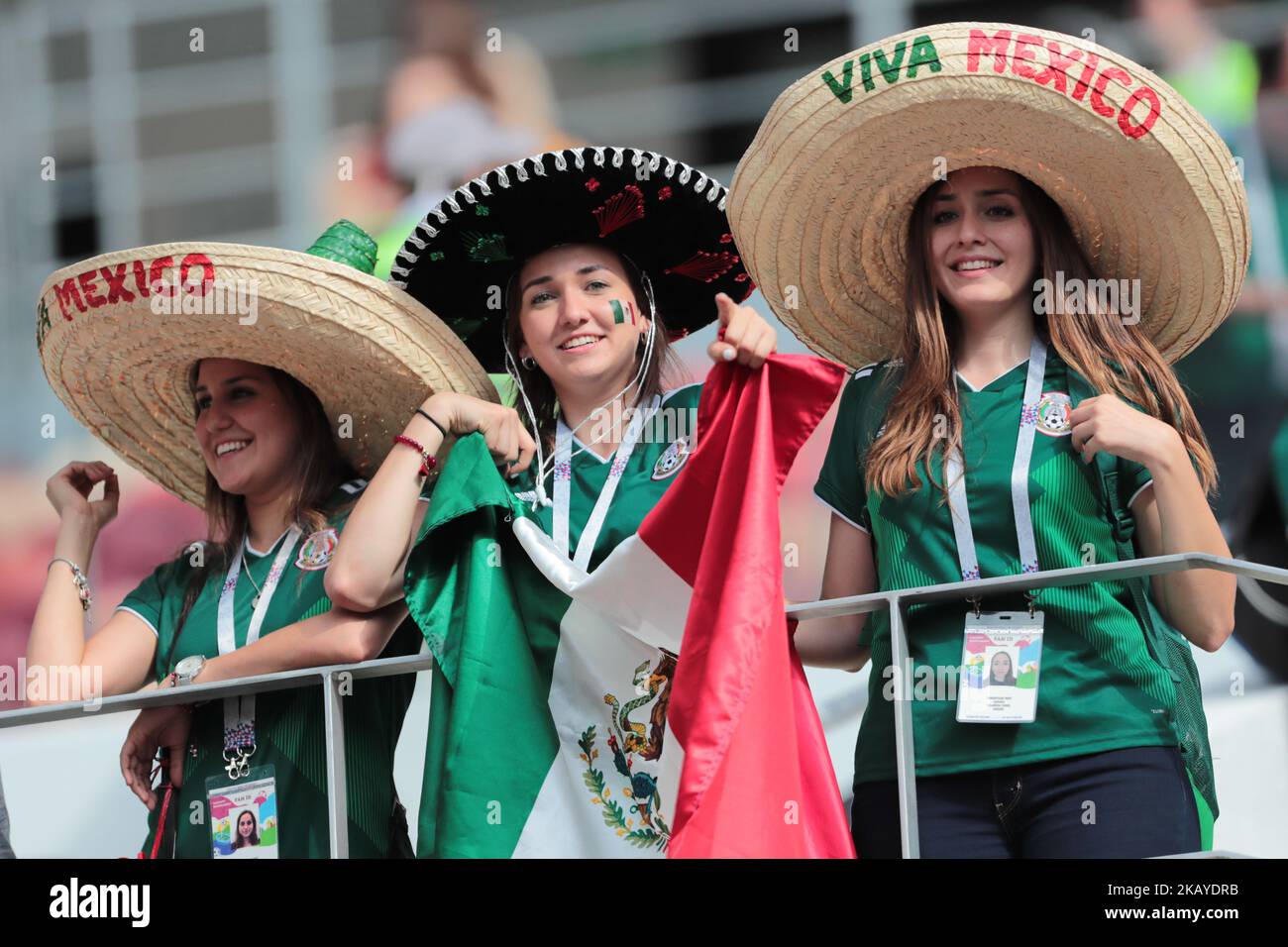Die Fans des mexikanischen Nationalspieles tappten am 16. Juni 2018 in der Kazan Arena in Kazan, Russland, vor einem Fußballspiel der Gruppe F 2018 zwischen Deutschland und Mexiko. (Foto von Anatolij Medved/NurPhoto) Stockfoto
