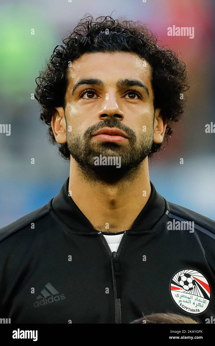 Mohamed Salah von der ägyptischen Nationalmannschaft während der FIFA Fußball-Weltmeisterschaft Russland 2018 Gruppe Ein Spiel zwischen Russland und Ägypten am 19. Juni 2018 in Sankt Petersburg Stadion in Sankt Petersburg, Russland. (Foto von Mike Kireev/NurPhoto) Stockfoto