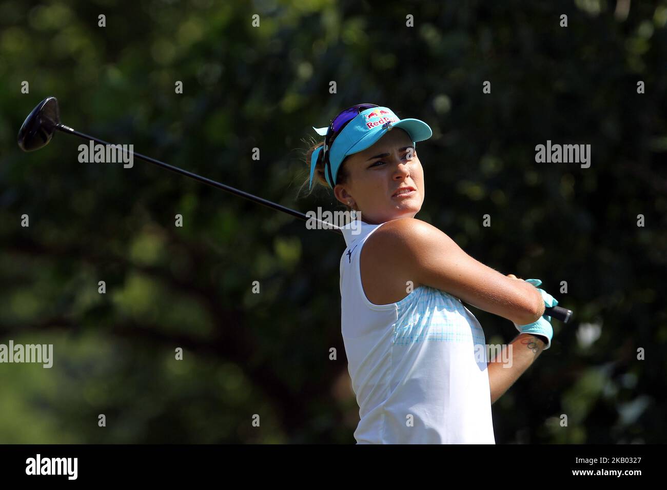 Lexi Thompson aus Delray Beach, Florida, folgt ihrem Schuss vom 3. T-Shirt während der Finalrunde des Marathon LPGA Classic Golfturniers im Highland Meadows Golf Club in Sylvania, Ohio, USA, am Sonntag, 15. Juli 2018. (Foto von Amy Lemus/NurPhoto) Stockfoto