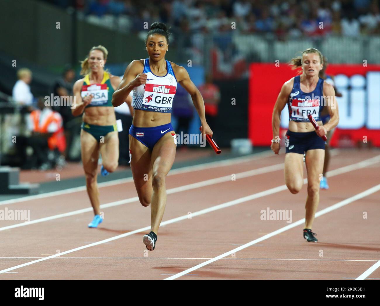 Shannon Hilton aus Großbritannien und Nordirland (Gewinnerin) tritt am 15. Juli 2018 im London Stadium, London, bei der Leichtathletik-Weltmeisterschaft London 2018 in der 4 x 100m-Staffel der Frauen an (Foto by Action Foto Sport/NurPhoto) Stockfoto