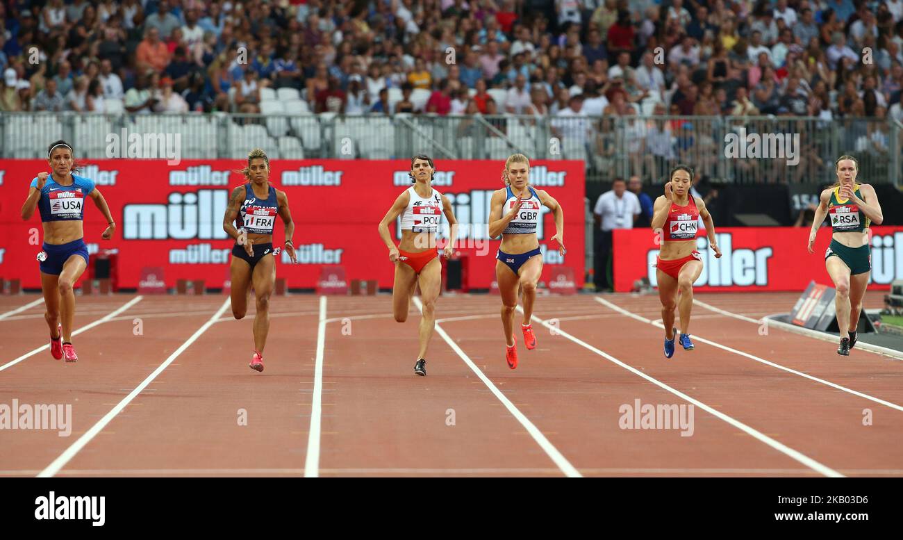 L-R Jennifer Galais aus Frankreich Anna Kielbasinska aus Polen Beth Dobbin aus Großbritannien und Nordirland Guifen Huang aus China und Justine Paleraman aus Südafrika (Gewinnerin) treten am 15. Juli 200m 2018 bei der Leichtathletik-Weltmeisterschaft London 2018 im London Stadium, London, an (Foto von Action Foto Sport/NurPhoto) Stockfoto