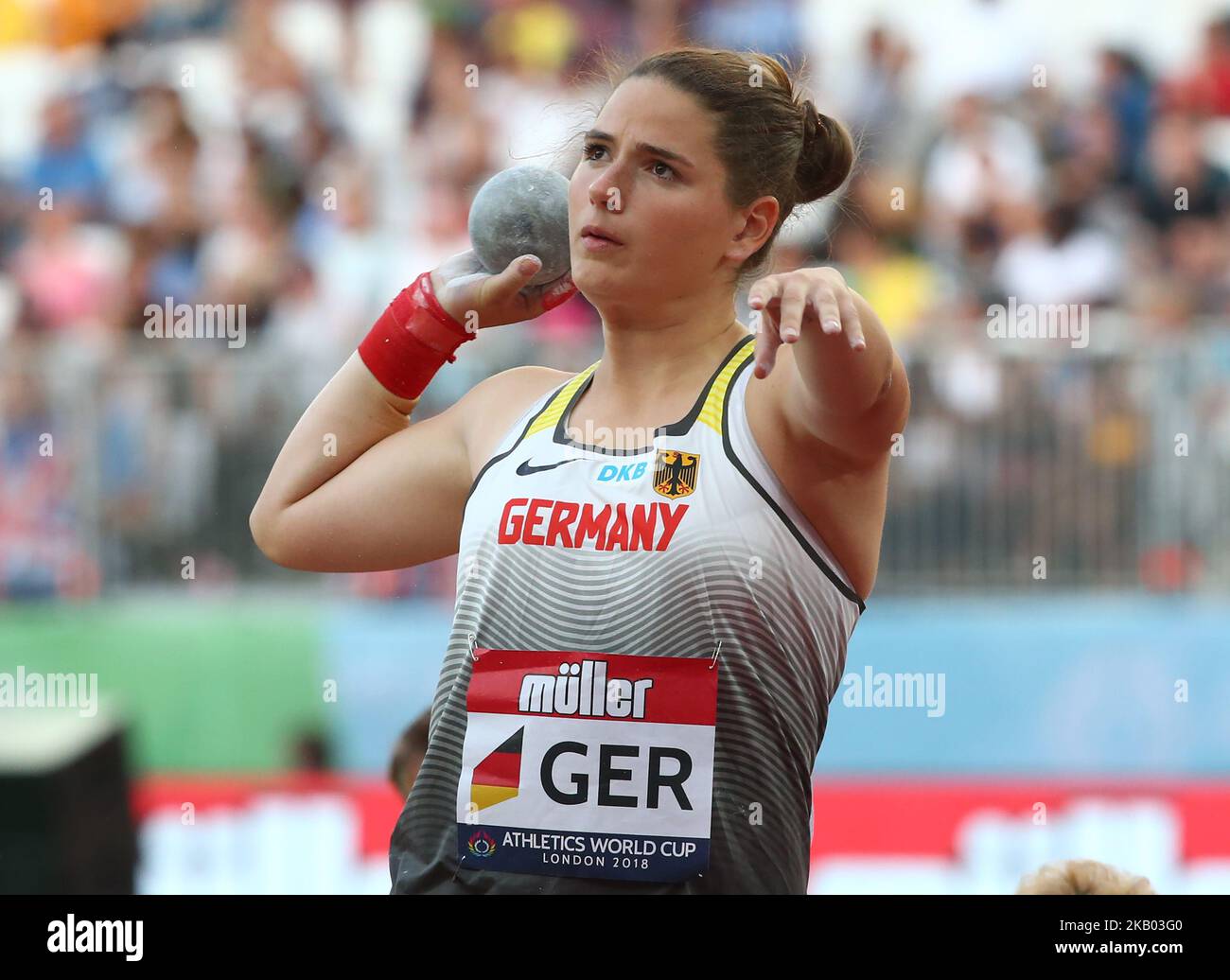 Sarah Schmnidt aus Deutschland tritt am 15. Juli 2018 im London Stadium, London, bei der Leichtathletik-WM London 2018 im Shot Put Women an (Foto by Action Foto Sport/NurPhoto) Stockfoto