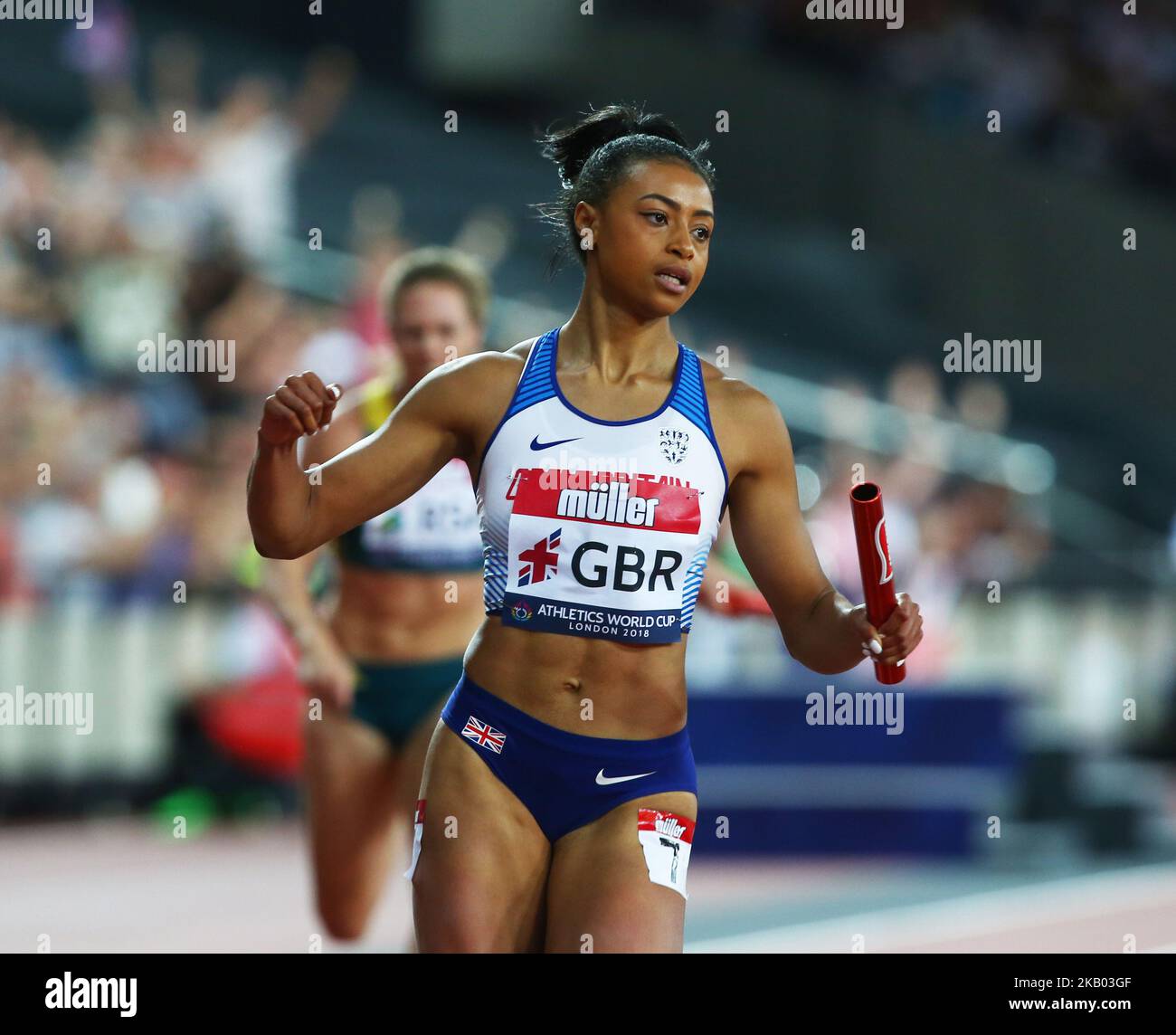Shannon Hilton aus Großbritannien und Nordirland (Gewinnerin) tritt am 15. Juli 2018 im London Stadium, London, bei der Leichtathletik-Weltmeisterschaft London 2018 in der 4 x 100m-Staffel der Frauen an (Foto by Action Foto Sport/NurPhoto) Stockfoto