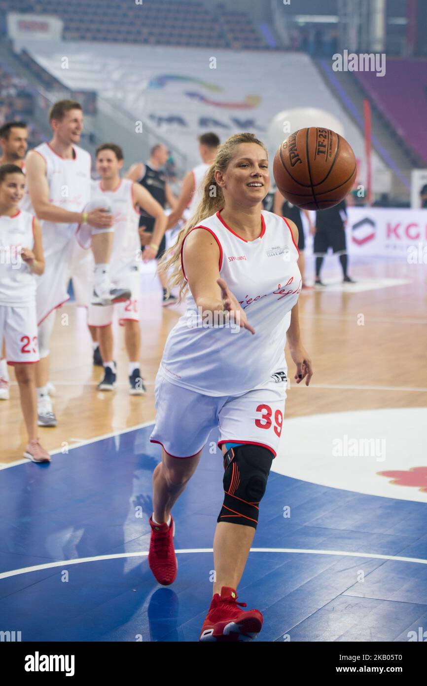 Joanna Liszowska während des wohltätigen Basketballspiels „Gortat Team“ (Prominente) gegen die polnische Armee, organisiert von Marcin Gortat (NBA-Spieler), in der Atlas Arena in Lodz, Polen am 21. Juli 2018 (Foto: Mateusz Wlodarczyk/NurPhoto) Stockfoto