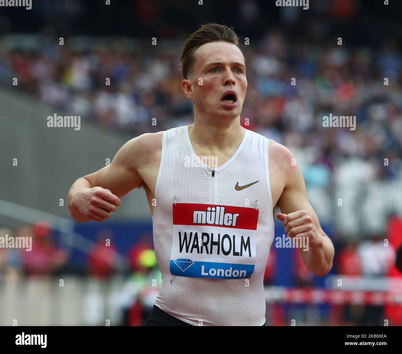 Karsten Warholm aus Norwegen feiert seinen Sieg mit National- und Meeting-Rekord bei den 400m Männern während der Muller Anniversary Games IAAF Diamond League Day One am 21. Juli 2018 im Londoner Stadion in London, England. (Foto von Action Foto Sport/NurPhoto) Stockfoto