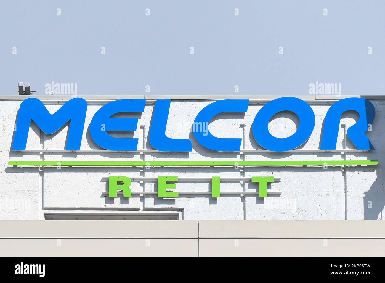 Logo von Melcor REIT, einem kanadischen Immobilieninvestitionsunternehmen, das in der Innenstadt von Edmonton zu sehen ist. Am Sonntag, den 22. Juli 2018, Kanada. (Foto von Artur Widak/NurPhoto) Stockfoto