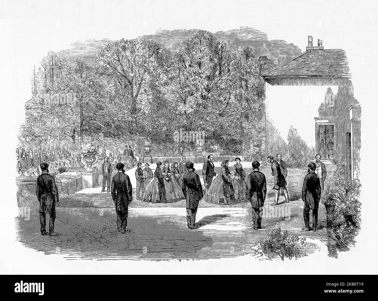 Ein Empfang von Viscount Castlerosse für Königin Victoria und ihren Mann Prinz Albert im Killarney House, County Kerry während der dritten Reise des Monarchen nach Irland im August 1861. Der achttägige Besuch sollte für die irische Tourismusindustrie von großer Bedeutung sein und wird damit gewürdigt, dass Killarney auf die irische Tourismuskarte gesetzt wurde. Stockfoto