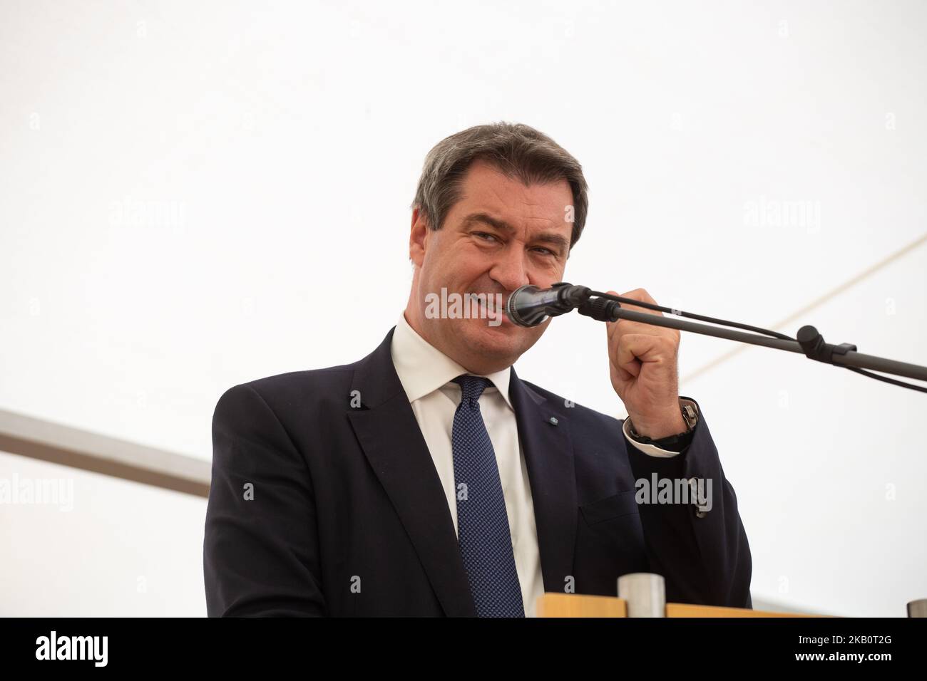 Markus Soeder hielt eine Rede. Am 6. September 2018 weihten der bayerische Landeshauptmann (Ministerpraesident) und die bayerische Gesundheitsministerin, Frau Melie Huml (beide CSU), den Ausbau des Krankenhauses in Bamberg, Nordbayern, ein. Beide hielten eine Rede und besuchten danach das Krankenhaus und die neue Technologie. (Foto von Alexander Pohl/NurPhoto) Stockfoto