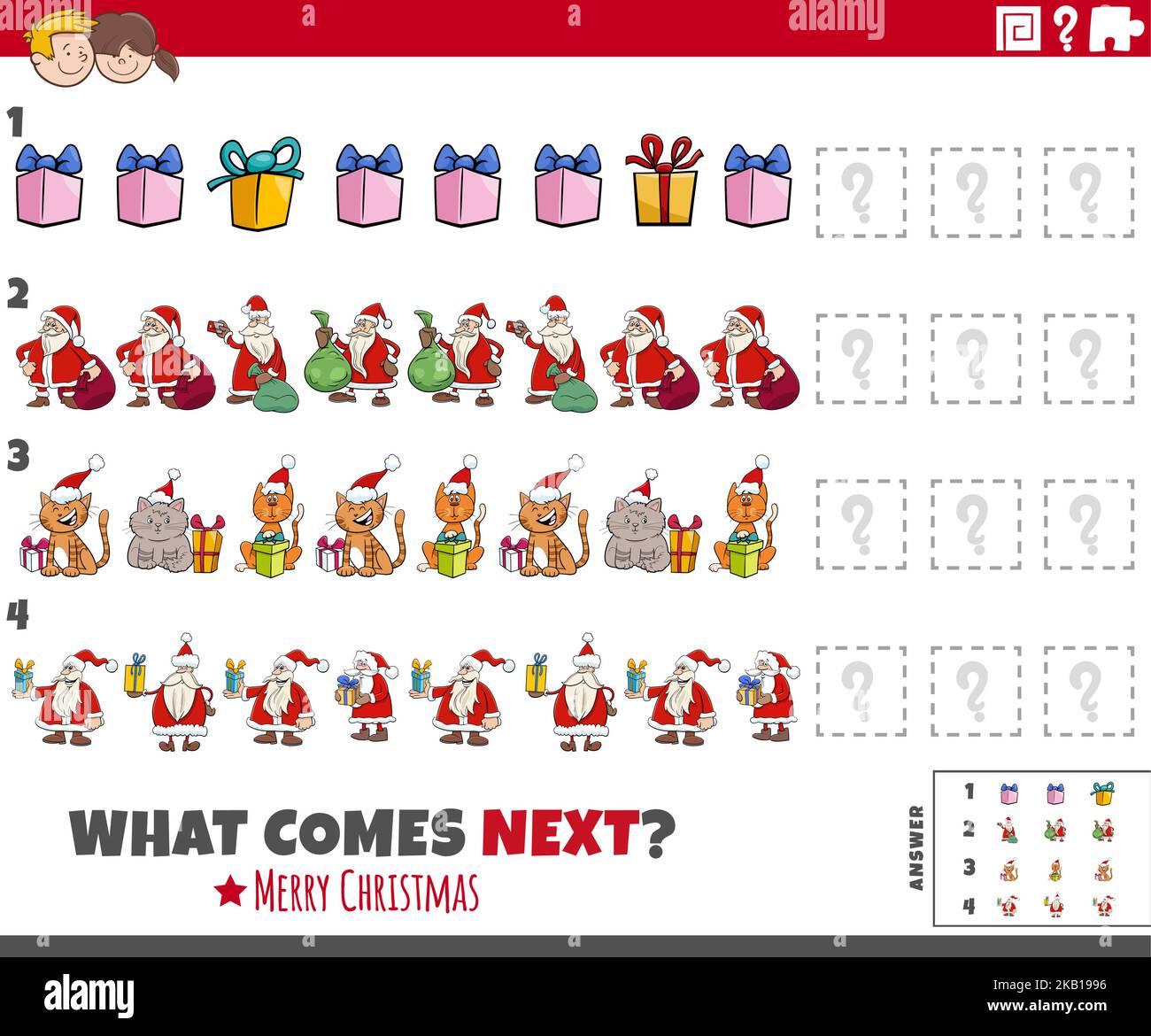 Cartoon-Illustration der Vollendung des Muster-Lernspiel für Kinder mit Weihnachtsfeiertag Zeichen Stock Vektor