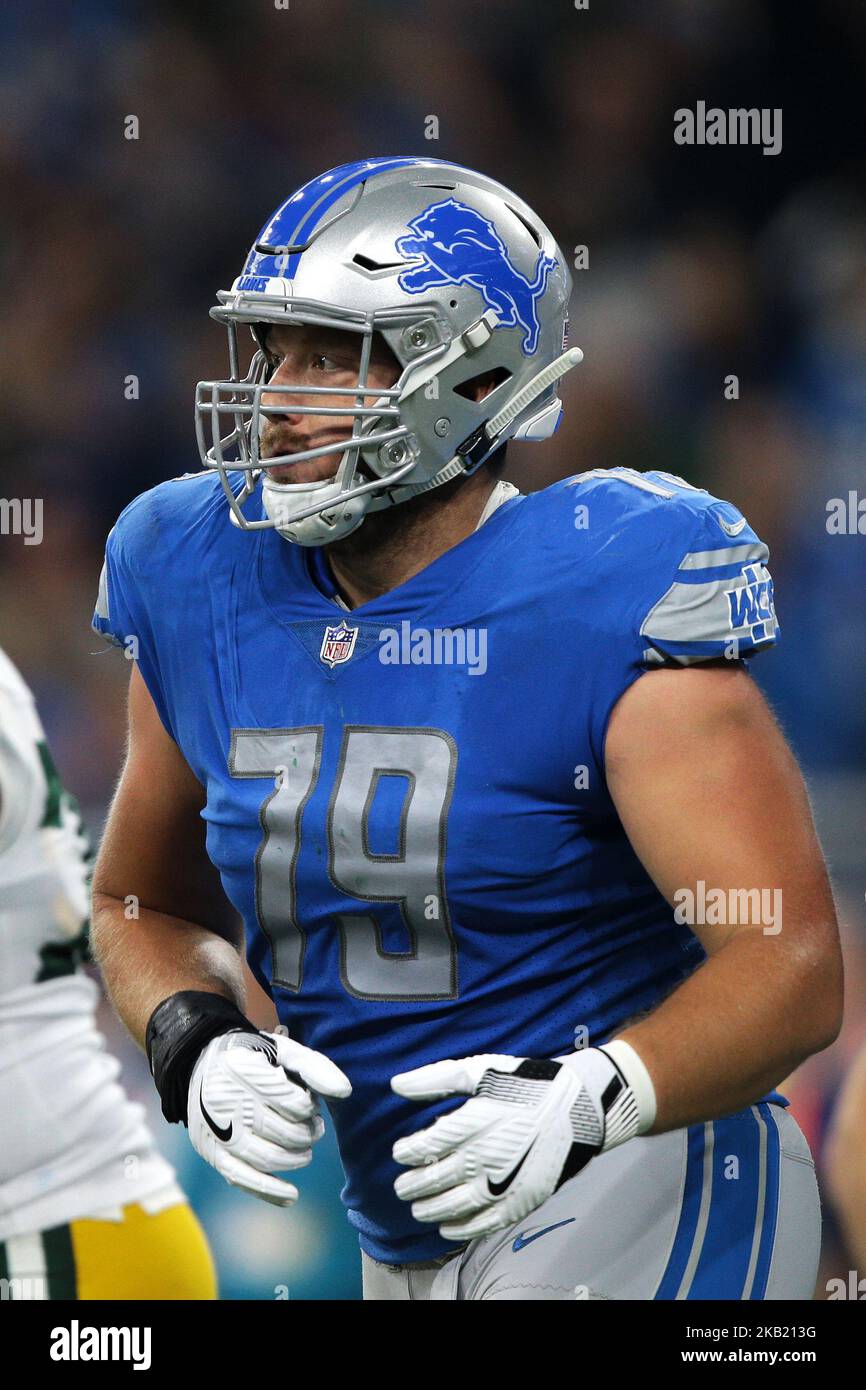 Kenny Wiggins (79), Offensivschützer der Detroit Lions, wird in der ersten Hälfte eines NFL-Fußballspiels gegen die Green Bay Packers in Detroit, Michigan, USA, am Sonntag, den 7. Oktober 2018, gesehen. (Foto von Jorge Lemus/NurPhoto) Stockfoto