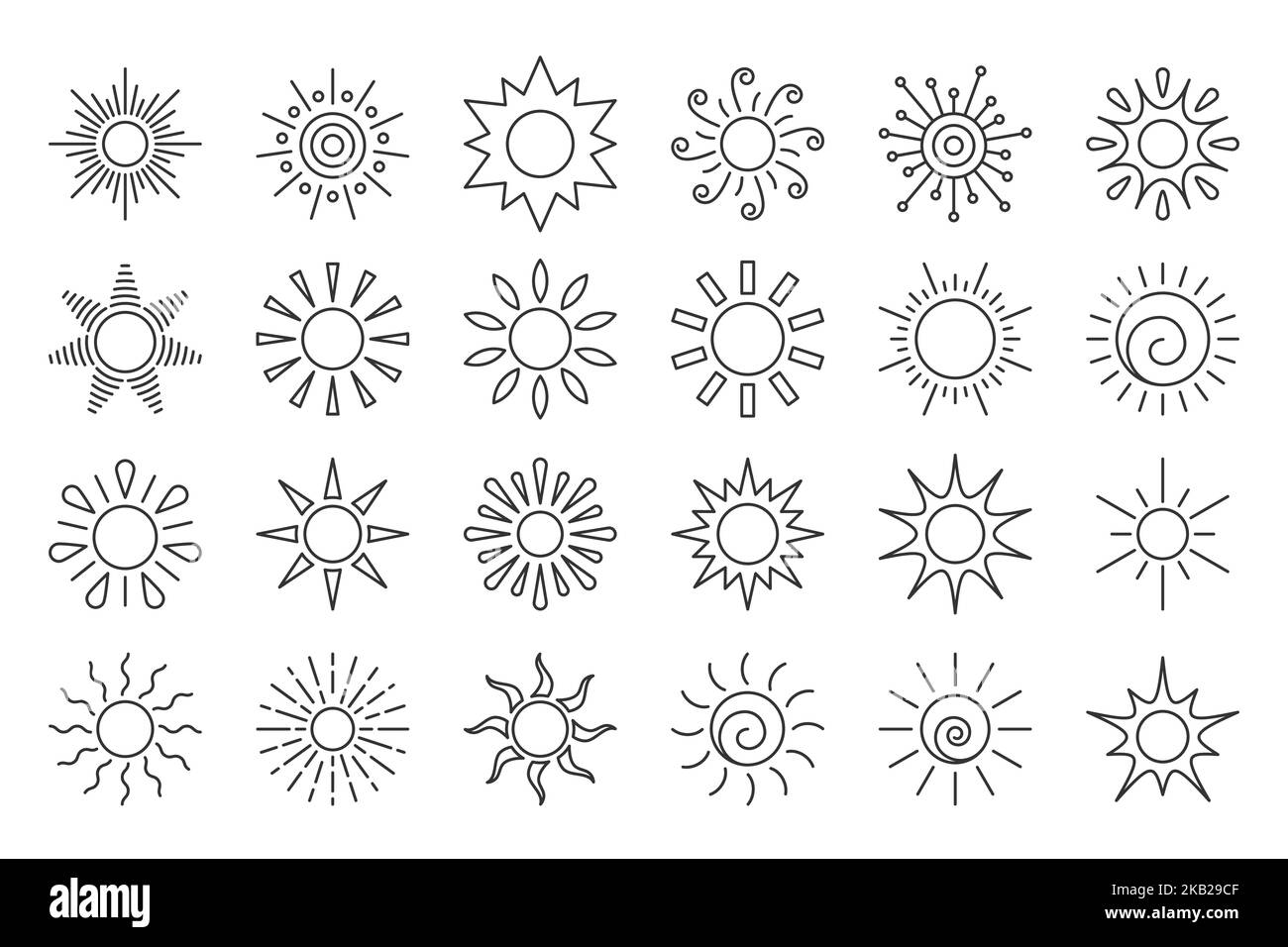 Symbol für die Sonnenlinie eingestellt. Verschiedene Form Sonnenstern. Cartoon Sommer Sonnenlicht Natur Himmel. Einfaches grafisches Sonnenkreiszeichen. Symbol für sonnige Wärmestrahlen der Wetter-App. Logo Sonnenaufgang Sonnenuntergang isoliert auf Weiß. Stock Vektor