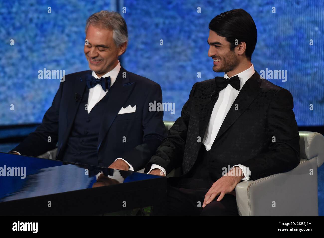 Der große italienische Sänger Andrea Bocelli und sein Sohn Matteo Bocelli Gäste der Folge der Fernsehsendung 'che Tempo che fa' auf Rai Uno (Foto: Andrea Diodato/NurPhoto) Stockfoto