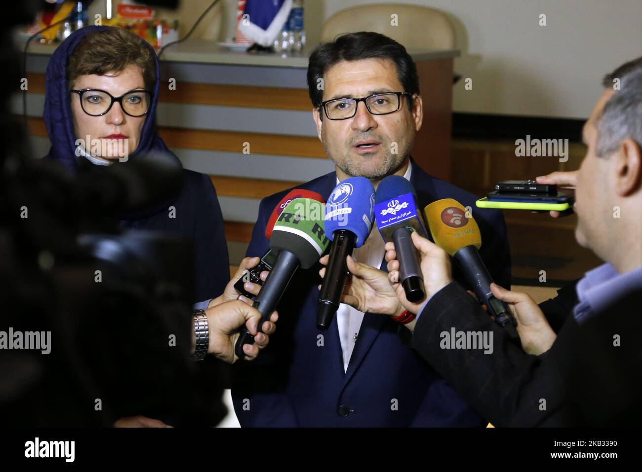 Mohammad Rastad, Geschäftsführer der iranischen Ports and Maritime Organisation (PMO), spricht während des Workshops zu Häfen, Schifffahrt und Logistik in Teheran, Iran. Am 12. November 2018. (Foto von Rouzbeh Fouladi/NurPhoto) Stockfoto