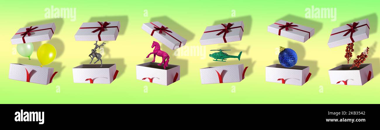 Banner von offenen Urlaubspaketen, in Paketen Geschenke, Eröffnungsgeschenke kreatives Konzept, gelb-grüner Hintergrund, 3D Kunstwerke Stockfoto