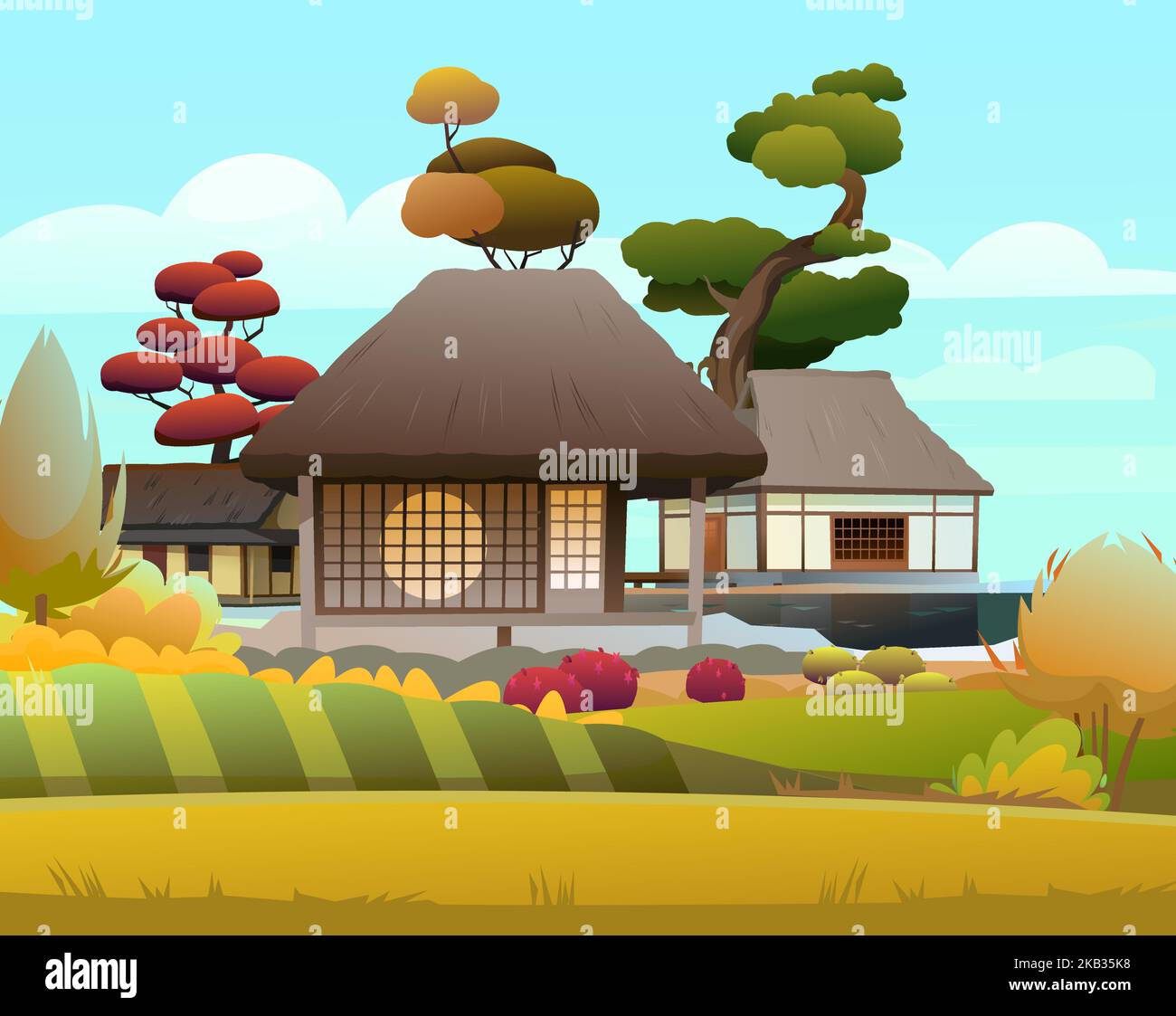 Traditionelles japanisches Haus. Mit ländlichen Betten. Kleines Dorf. Ländliche Wohnung mit Strohdach. Illustration Vektor. Stock Vektor