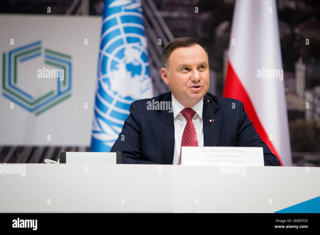 Der polnische Präsident Andrzej Duda während der gemeinsamen Pressekonferenz mit dem Generalsekretär der Vereinten Nationen Antonio Guterres auf der UN-Klimakonferenz (COP24) am 3. Dezember 2018 in Katowice, Polen (Foto: Mateusz Wlodarczyk/NurPhoto) Stockfoto