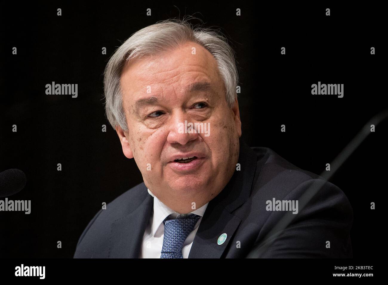 Generalsekretär der Vereinten Nationen Antonio Guterres während der gemeinsamen Pressekonferenz mit dem polnischen Präsidenten Andrzej Duda auf der UN-Klimakonferenz (COP24) am 3. Dezember 2018 in Katowice, Polen (Foto: Mateusz Wlodarczyk/NurPhoto) Stockfoto