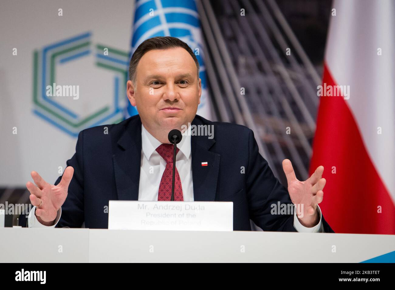 Der polnische Präsident Andrzej Duda während der gemeinsamen Pressekonferenz mit dem Generalsekretär der Vereinten Nationen Antonio Guterres auf der UN-Klimakonferenz (COP24) am 3. Dezember 2018 in Katowice, Polen (Foto: Mateusz Wlodarczyk/NurPhoto) Stockfoto