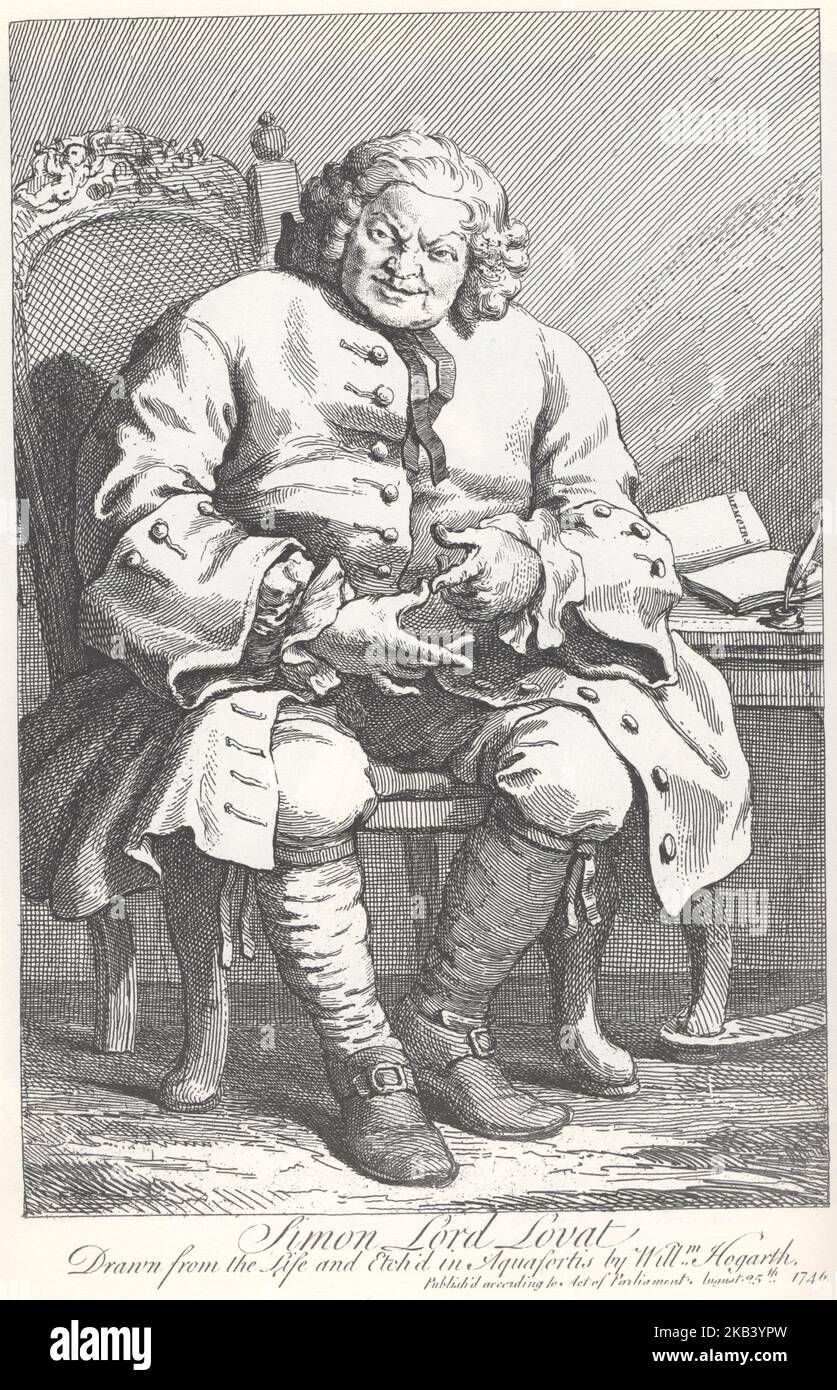 Simon Fraser, 11. Lord Lovat (1667 – 1747), schottischer Jacobit und Chef des Clans Fraser of Lovat, Lovat, skizziert von William Hogarth in St. Albans, auf dem Weg nach London zur Verhandlung und späteren Hinrichtung, Drawing by William Hogarth Stockfoto