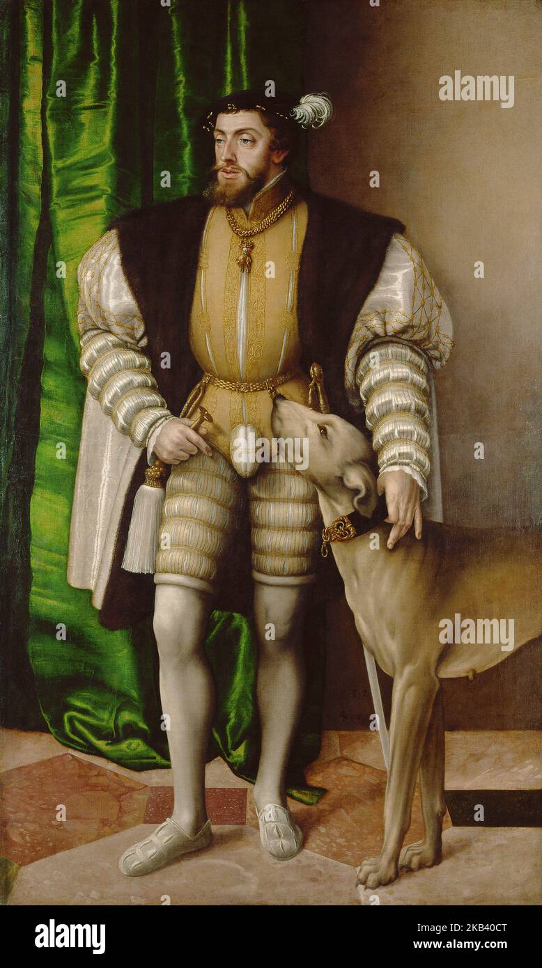 Kaiser Karl V. mit Hund (1532), Gemälde von Jakob Seisenegger. Stockfoto