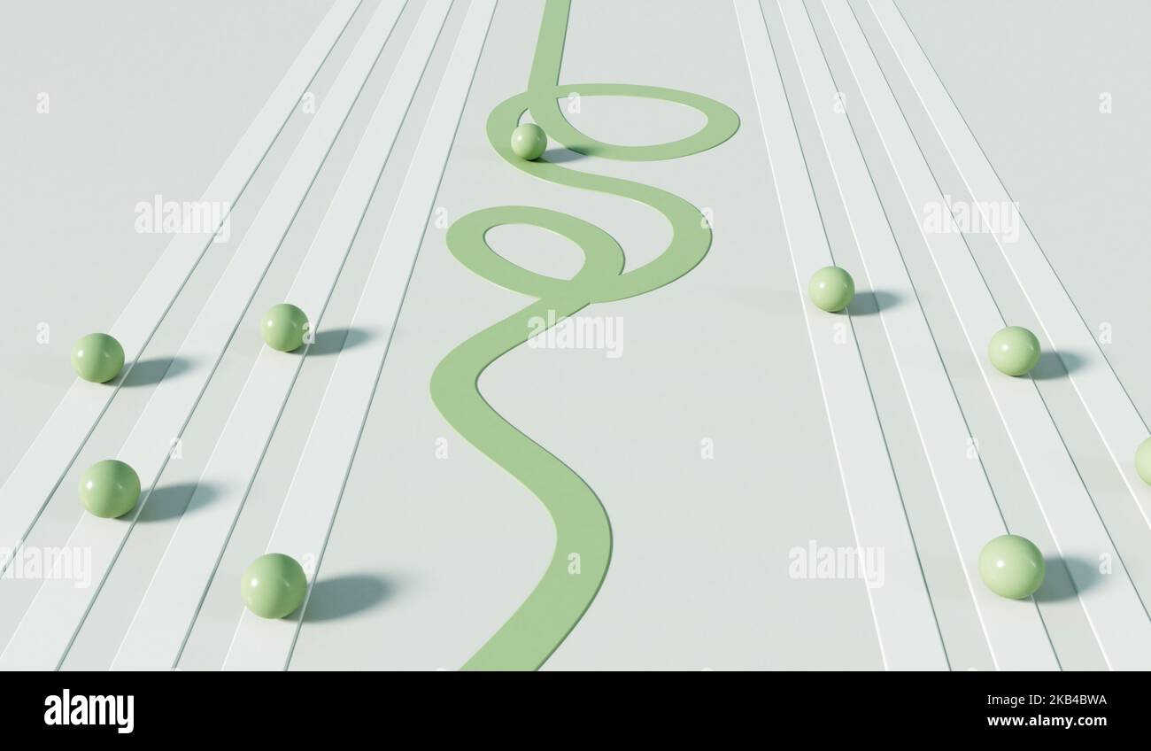 Gerade Linie versus gewundene Route. Weg zum Erfolg. Strategische Geschäftsplanung. 3D Rendering Stockfoto