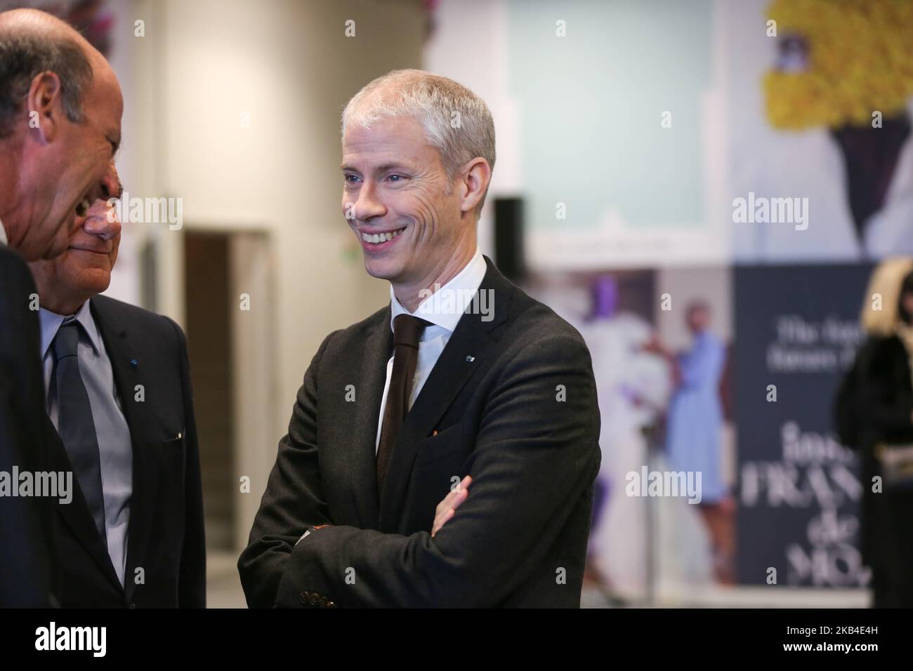 Der französische Kulturminister Franck Riester (C) in der Docks-Stadt für Mode und Design in Paris am 08. Januar 2019 während einer Unterzeichnungszeremonie zwischen dem französischen Minister für Kultur, dem französischen Wirtschaftsminister Bruno Le Maire und dem Vorstandsvorsitzenden der französischen Luxusmarke Hermes, Guillaume de Seynes. (Foto von Michel Stoupak/NurPhoto) Stockfoto