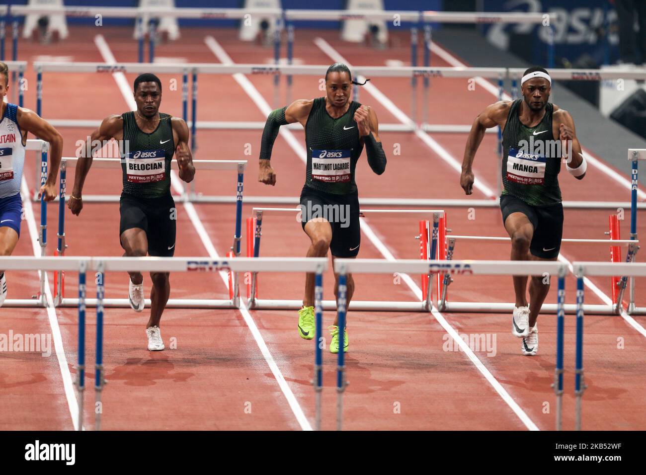 Von links nach rechts: Wilhem Belocian (Fra), Pascal Martinot-Lagarde (Fra), Aurel Manga (Fra) treten am 27. Januar 2019 beim Leichtathletik-Hallentreffen von Paris 2019 in der AccorHotels Arena (Bercy) in Paris, Frankreich, an 60m Hürden an. Das Meeting de Paris Indoor ist eine von 16 Veranstaltungen, die die European Athletics Indoor Permit Meeting-Reihe bilden. Fünf von ihnen finden in Frankreich statt und die Serie läuft bis zum 24. Februar mit dem All Star Perche in Clermont-Ferrand, weniger als eine Woche vor dem Start der Leichtathletik-Halleneuropameisterschaften in Glasgow 2019. (Foto von Michel Stoupak/NurPho Stockfoto