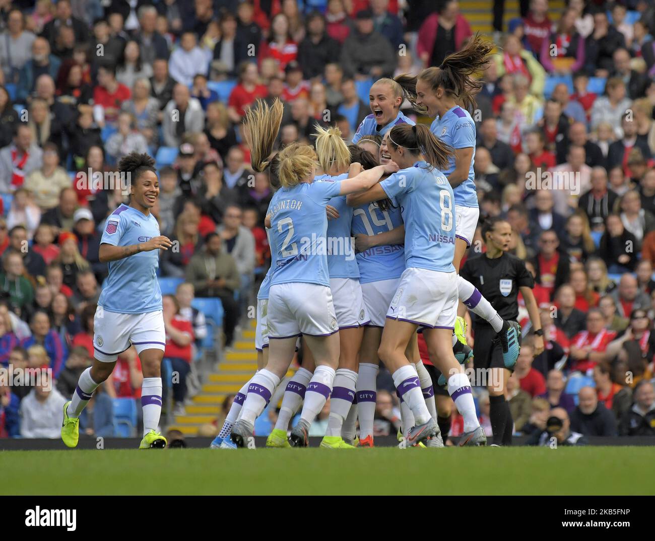 Manchester City feiert ihr Ziel beim Spiel der englischen FA Women's Super League zwischen Manchester City und Manchester United am 07. September 2019 im City of Manchester Stadium, Manchester England. (Foto von Action Foto Sport/NurPhoto) Stockfoto