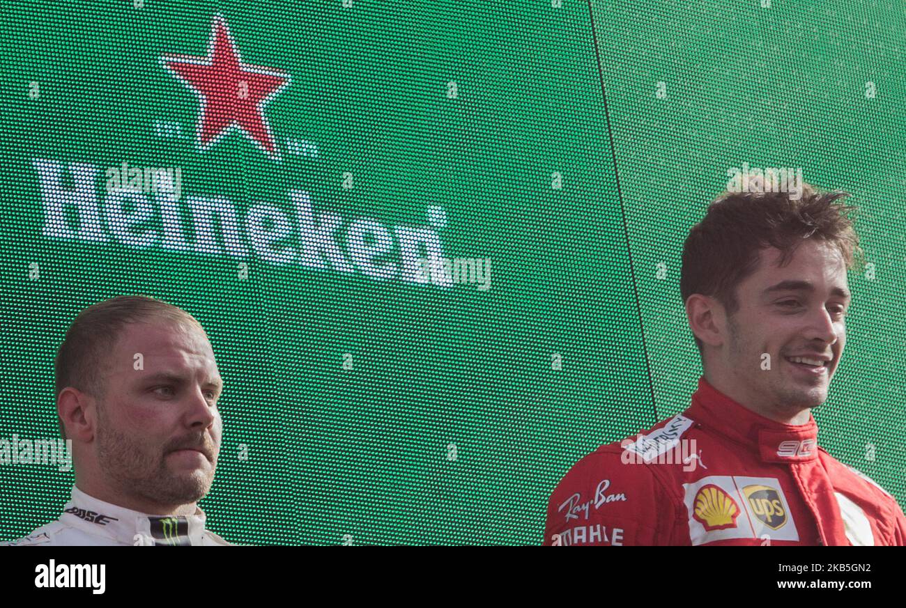 1. Charles Leclerc aus Monaco und 2. Valtteri Bottas aus Finnland auf dem Podium beim Formel 1 Gran Premio Heineken Italien am 08. September 2019 in Monza, Italien. (Foto von Robert Szaniszlo/NurPhoto) Stockfoto