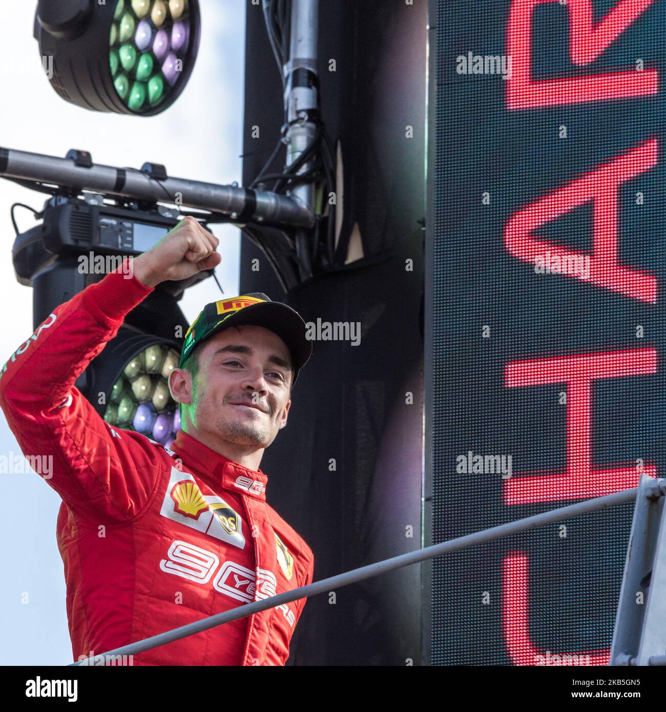 1. Charles Leclerc aus Monaco feiert am 08. September 2019 in Monza, Italien, seinen Podiumssieg beim Formel-1-Gran Premio Heineken Italien. (Foto von Robert Szaniszlo/NurPhoto) Stockfoto