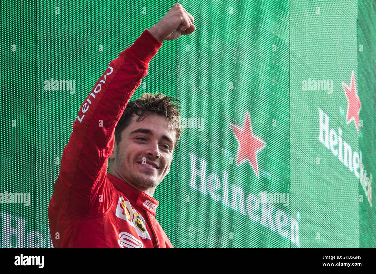 Charles Leclerc aus Monaco feiert am 08. September 2019 in Monza, Italien, seinen Podiumssieg beim Formel 1 Gran Premio Heineken Italien. (Foto von Robert Szaniszlo/NurPhoto) Stockfoto