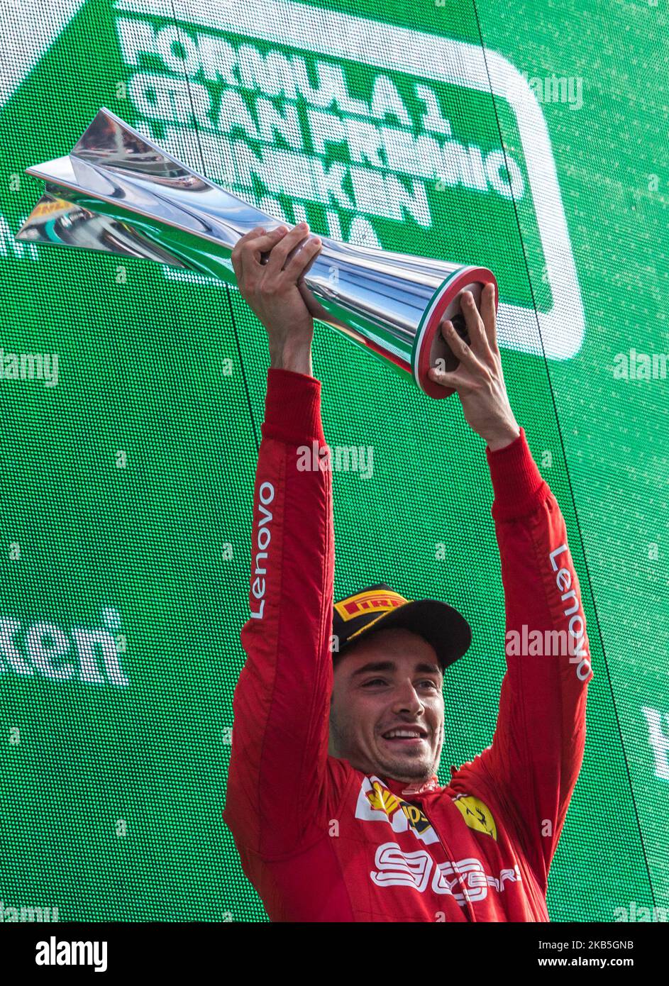 Charles Leclerc aus Monaco feiert am 08. September 2019 in Monza, Italien, seinen Podiumssieg beim Formel 1 Gran Premio Heineken Italien. (Foto von Robert Szaniszlo/NurPhoto) Stockfoto