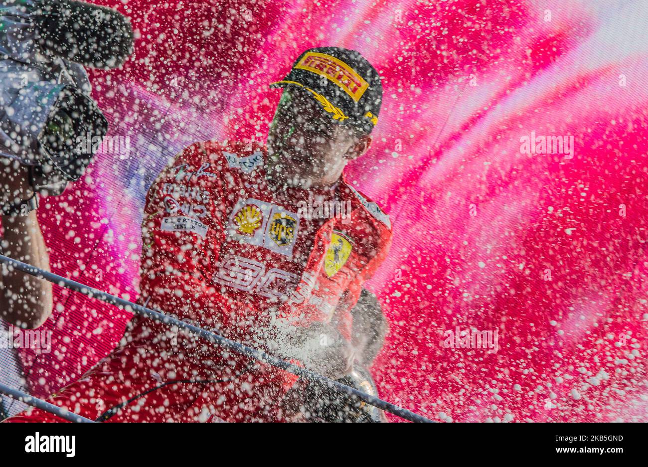 Charles Leclerc aus Monaco feiert am 08. September 2019 in Monza, Italien, seinen Podiumssieg beim Formel 1 Gran Premio Heineken Italien. (Foto von Robert Szaniszlo/NurPhoto) Stockfoto