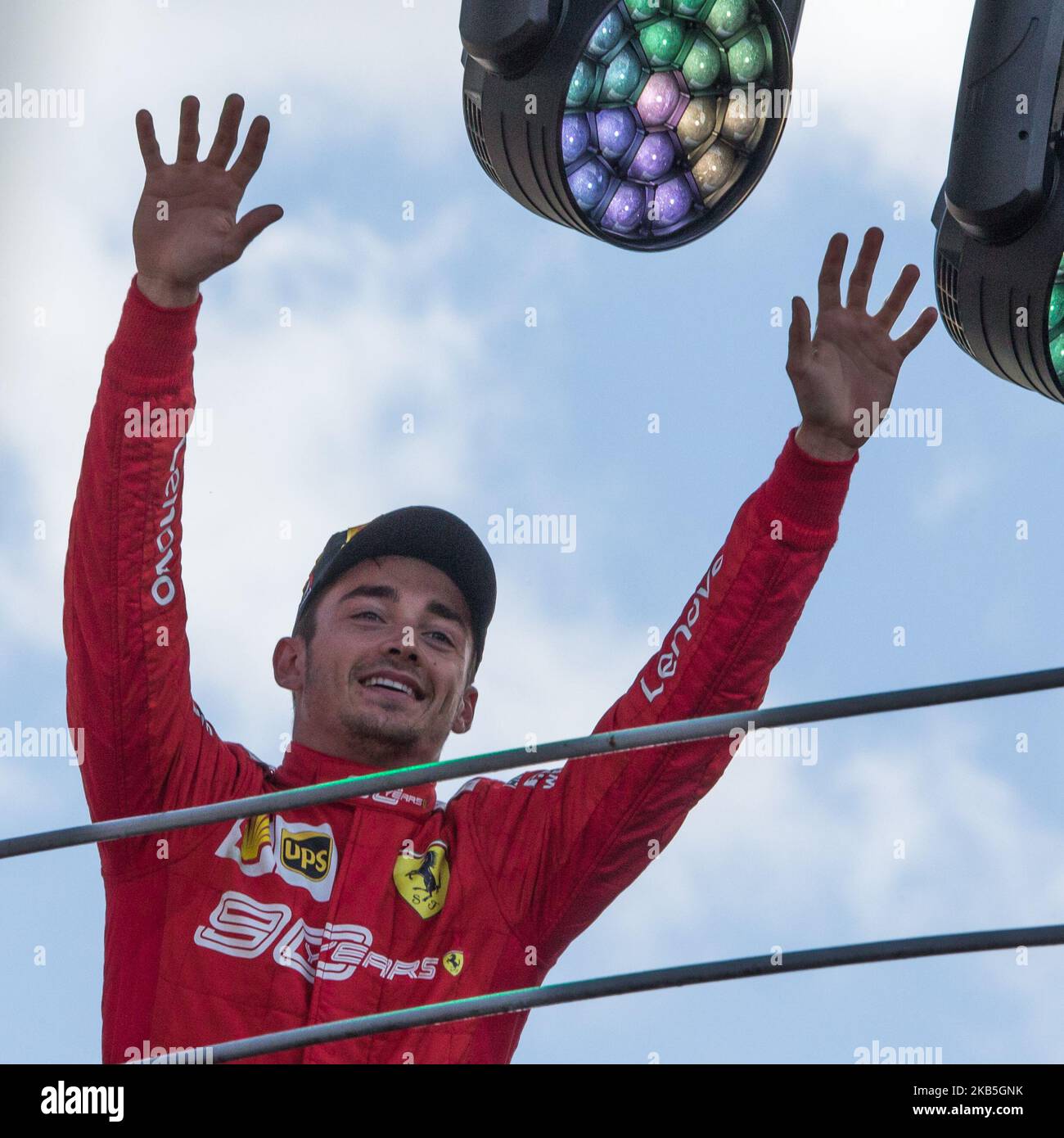 1. Charles Leclerc aus Monaco feiert am 08. September 2019 in Monza, Italien, seinen Podiumssieg beim Formel-1-Gran Premio Heineken Italien. (Foto von Robert Szaniszlo/NurPhoto) Stockfoto