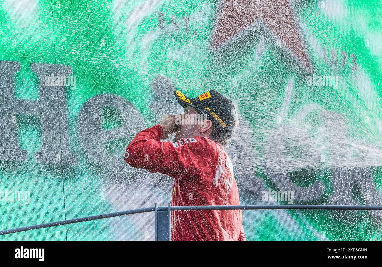 Charles Leclerc aus Monaco feiert am 08. September 2019 in Monza, Italien, seinen Podiumssieg beim Formel 1 Gran Premio Heineken Italien. (Foto von Robert Szaniszlo/NurPhoto) Stockfoto