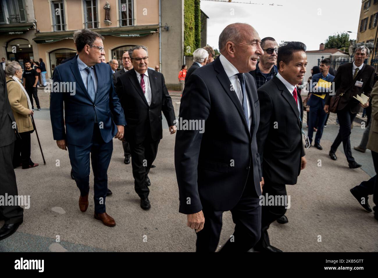 David Kimelfeld und Gerard Collomb nehmen am 8. September 2019 an der traditionellen Zeremonie des Gelübdes der Aldermen unter dem Vorsitz von Michel Dubost in der Basilika Fourviere in Lyon, Frankreich, Teil. (Foto von Nicolas Liponne/NurPhoto) Stockfoto