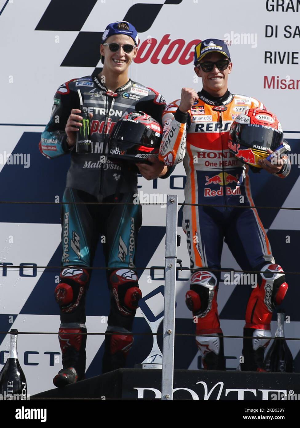 Das Podium beim Rennen des Gran Premio OCTO von San Marino e Riviera di Rimini 2019 auf der Rennstrecke Misano-Marco Simoncelli, am 15. September 2019 (Foto: Loris Roselli/NurPhoto) Stockfoto