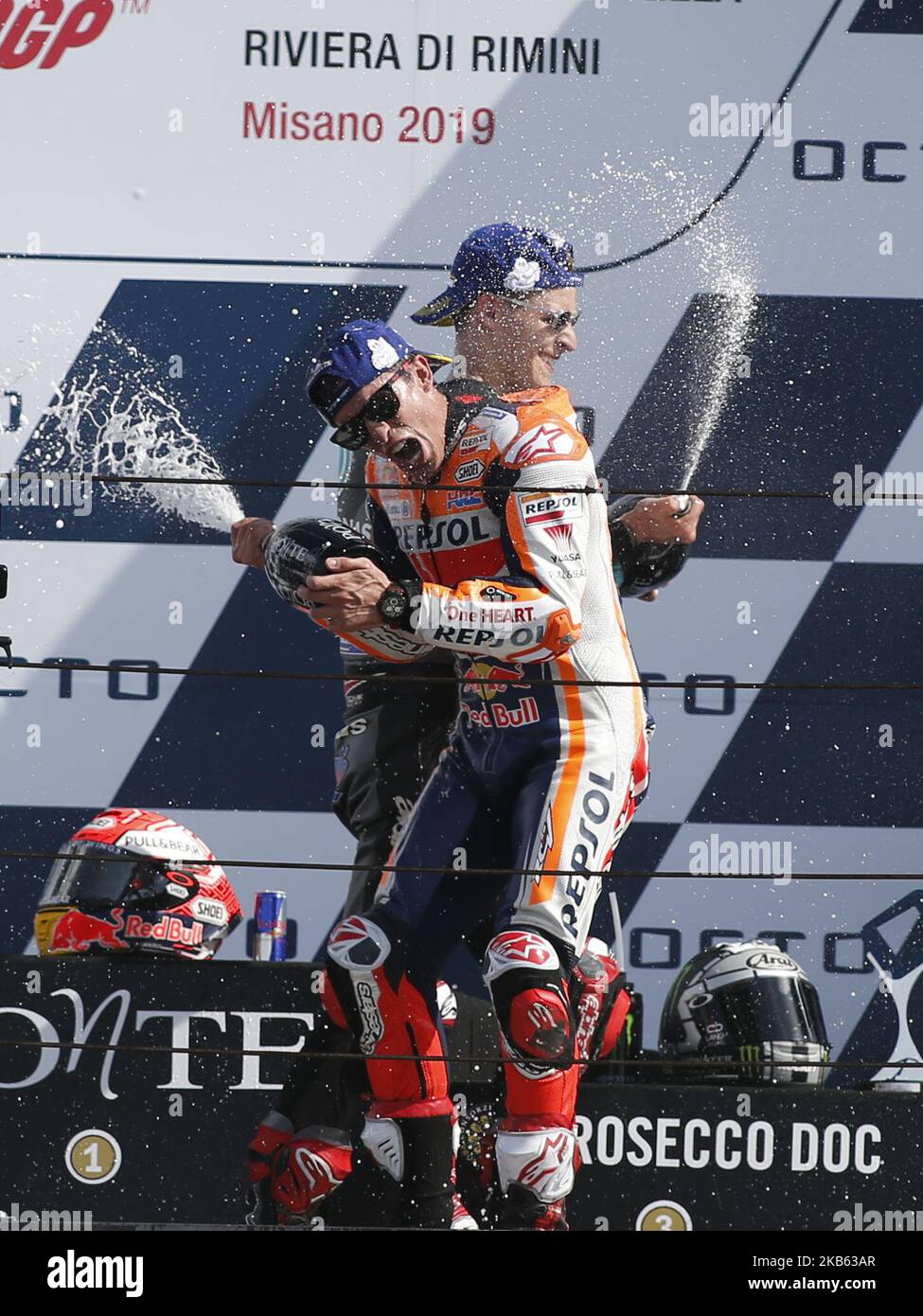 Das Podium beim Rennen des Gran Premio OCTO von San Marino e Riviera di Rimini 2019 auf der Rennstrecke Misano-Marco Simoncelli, am 15. September 2019 (Foto: Loris Roselli/NurPhoto) Stockfoto