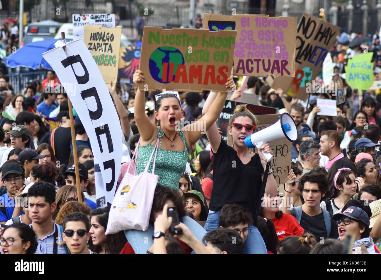 Am 20. September 2019 in Mexiko-Stadt, Mexiko, nehmen Menschen an einem protestmarsch gegen den Klimawandel Teil, der durch den globalen Streik am Freitag für die Zukunft in der Reforma Avenue angezichtert wurde. Rund 100 Länder wurden mobilisiert, um den Klimawandel zu bekämpfen. Die aktivistische Bewegung wird von jungen Menschen geführt, die anfangen, ihre ideale global zu überschreiten. (Foto von Eyepix/NurPhoto) Stockfoto