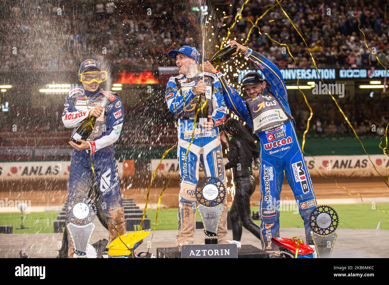 Champagnerkapern auf dem Rostrum während des ADRIAN FLUX BRITISH FIM SPEEDWAY GRAND PRIX im Fürstentum Stadium, Cardiff am Samstag, 21.. September 2019. (Foto von Ian Charles/MI News/NurPhoto) Stockfoto