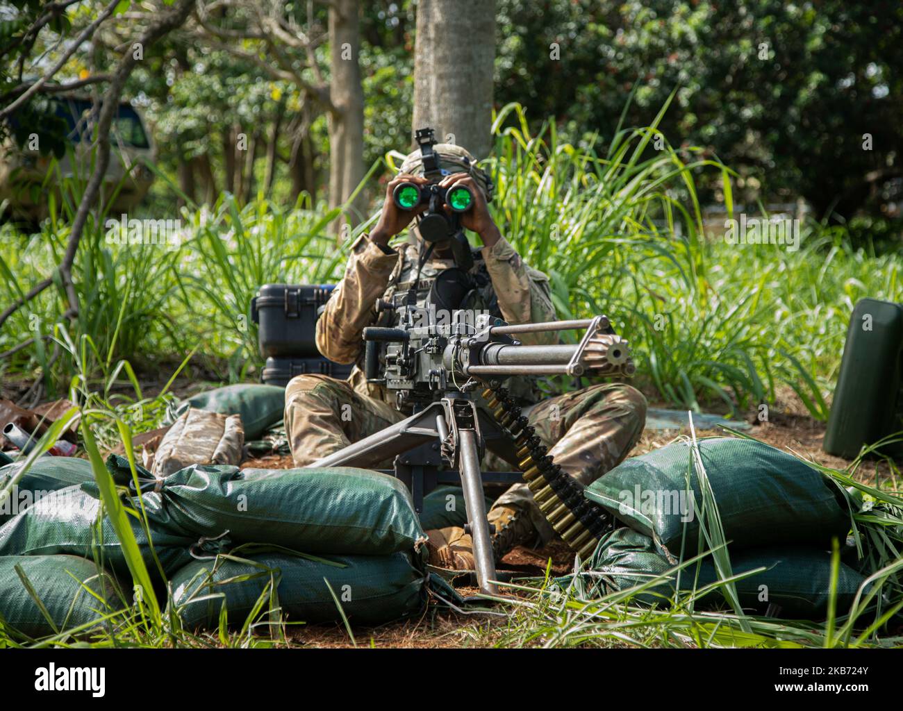 Soldaten der US-Armee wurden am 3. November 2022 dem Brigadenunterstützungs-Bataillon 225., dem Kampfteam der Infanterie-Brigade 2., der Infanterie-Division 25., dem Patrouillenunterstützungsgebiet der Brigade 1 in Schofield Barracks, Hawaii, zugewiesen. Die Trainingsrotation 23-01 des Joint Pacific Multinal Readiness Center (JPMRC) ermöglicht es den Soldaten des Tropic Lightning, ihre Verteidigungsbeziehungen zu stärken, die multinationale Interoperabilität zu fördern, die Bereitschaft zu erhöhen und das einheitliche regionale Landkraftnetz der Joint Force zu stärken. (USA Army Fotos von SPC. Jeffrey Garland) Stockfoto