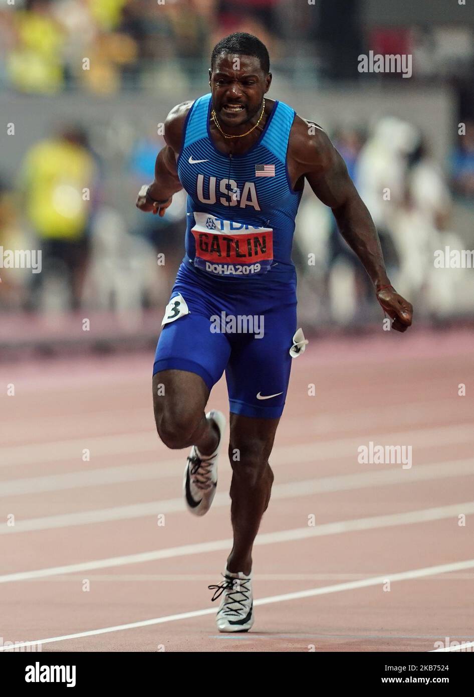 Justin Gatlin aus den Vereinigten Staaten während der IAAF Leichtathletik-Weltmeisterschaften 17. im Khalifa-Stadion in Doha, Katar, am 28. September 2019. (Foto von Ulrik Pedersen/NurPhoto) Stockfoto