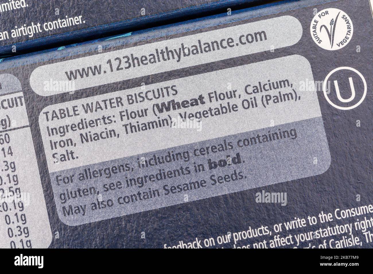 Nahaufnahme des Inhaltsstoffetiketts auf einer Packung Carr's Table Water Biscuits mit Allergen-Warnhinweisen. Für die Kennzeichnung von Lebensmitteln. Stockfoto