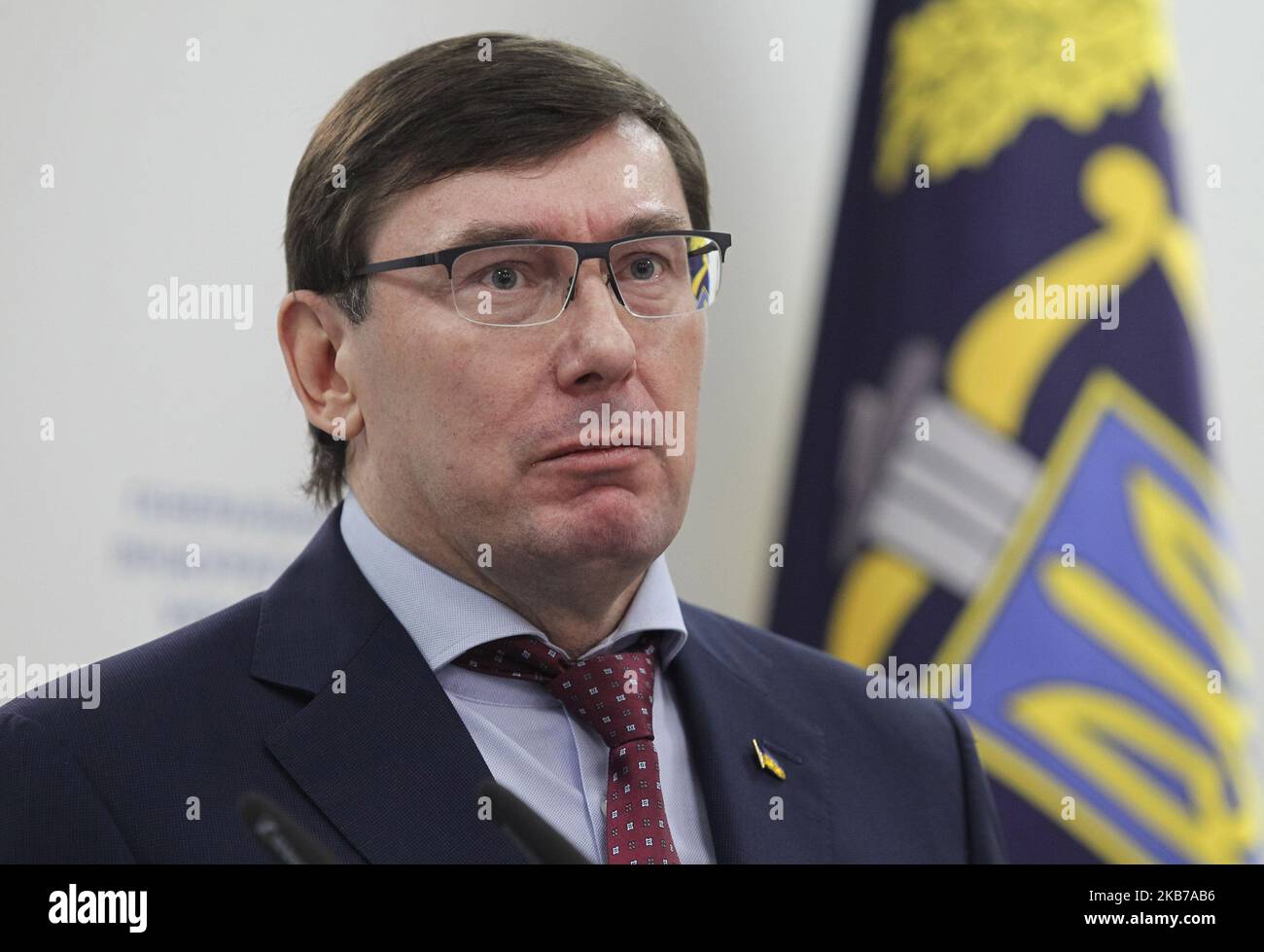 Ein Foto aus der Akte vom 07. März 2019 zeigt, dass der ukrainische Generalbundesanwalt Jurij Lutsenko während einer Pressekonferenz in Kiew, Ukraine, spricht. (Foto von STR/NurPhoto) Stockfoto