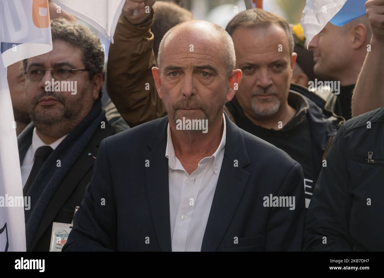 Yves Lefebvre, Generalsekretär der Gewerkschaft Unite SGP-Police, während des „Marsches der Wut“ der Polizei in Paris (Frankreich) am 2.. Oktober 2019 (Foto: Estelle Ruiz/NurPhoto) Stockfoto