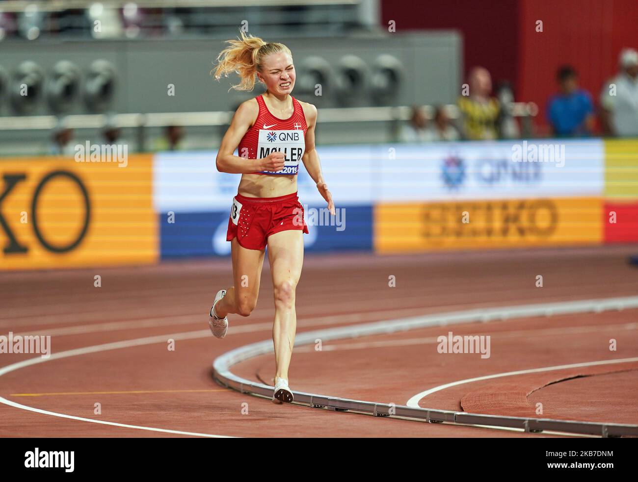 Anna Emilie Møller aus Dänemark, die am 2. Oktober 2019 im Khalifa-Stadion in Doha, Katar, bei den IAAF-Leichtathletik-Weltmeisterschaften 17. im 5000-Meter-Lauf für Frauen antritt. (Foto von Ulrik Pedersen/NurPhoto) Stockfoto