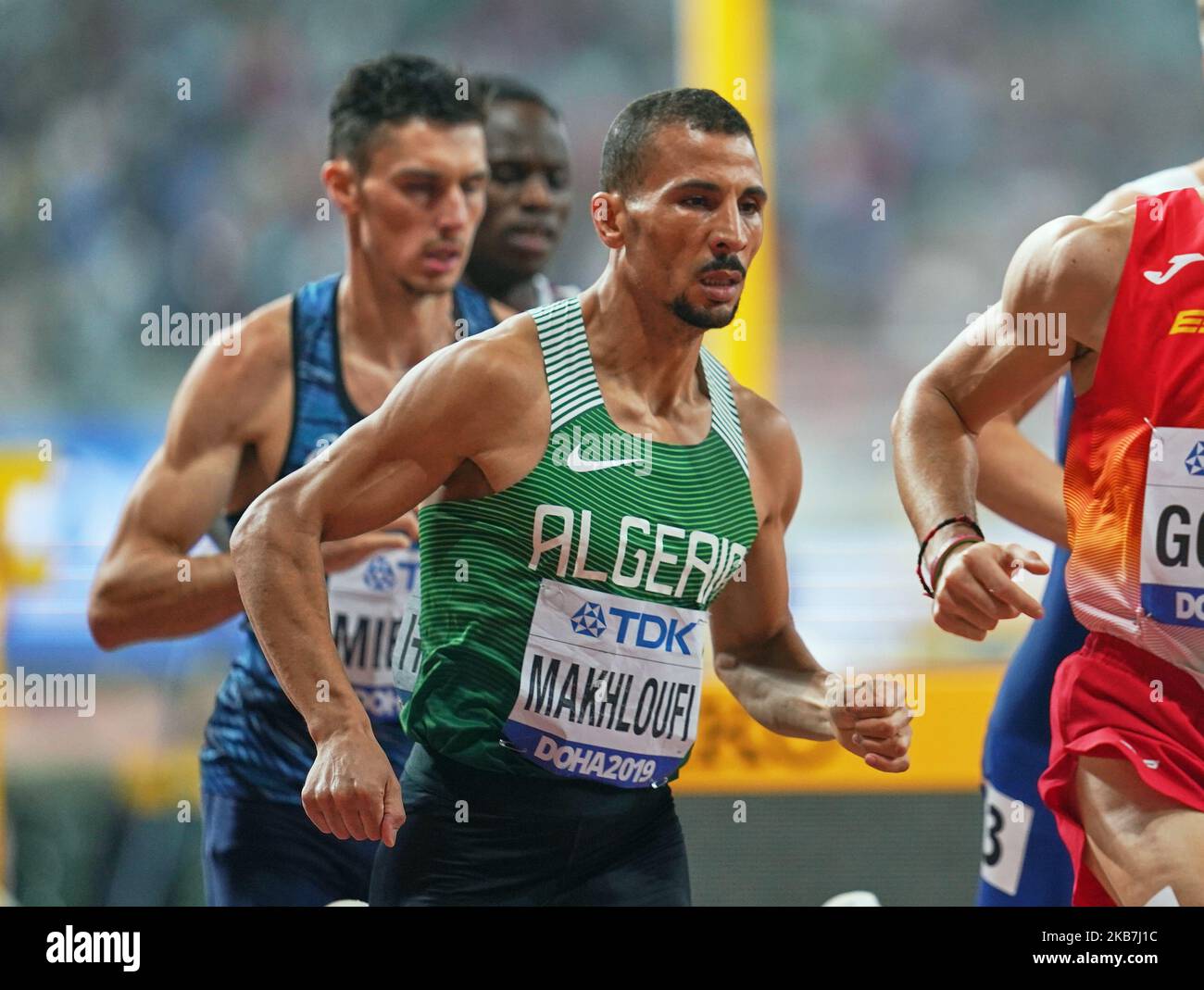 Taoufik Makhloufi aus Algerien, der am 4. Oktober 2019 im Khalifa-Stadion in Doha, Katar, bei den IAAF-Leichtathletik-Weltmeisterschaften 17. im 1500-Meter-Lauf für Männer antritt. (Foto von Ulrik Pedersen/NurPhoto) Stockfoto